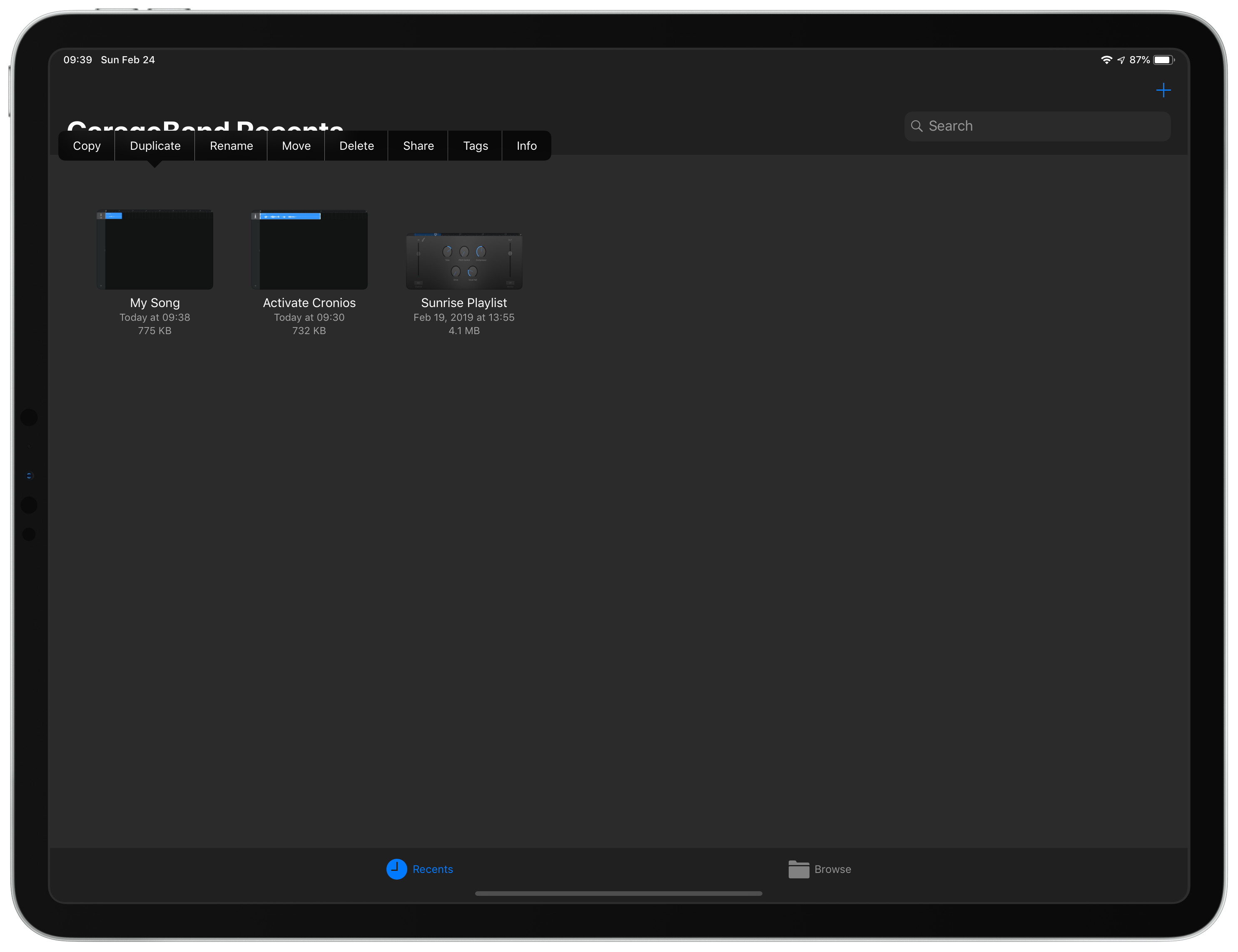 GarageBand Long Press to Bring up Share Menu