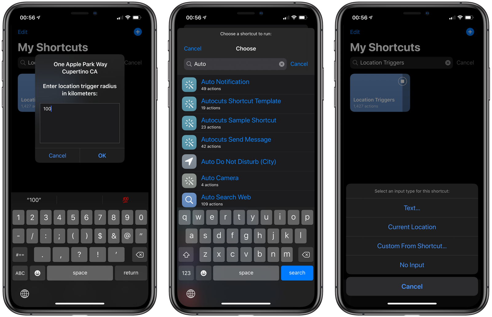 Selecting the trigger radius, shortcut, and input